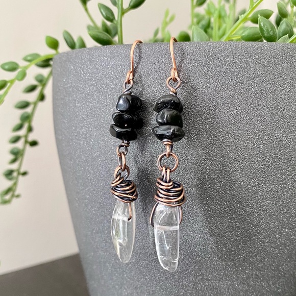 Handcrafted Black Obsidian + Clear Quartz Solid Copper Dangle Earrings - Picture 4 of 7